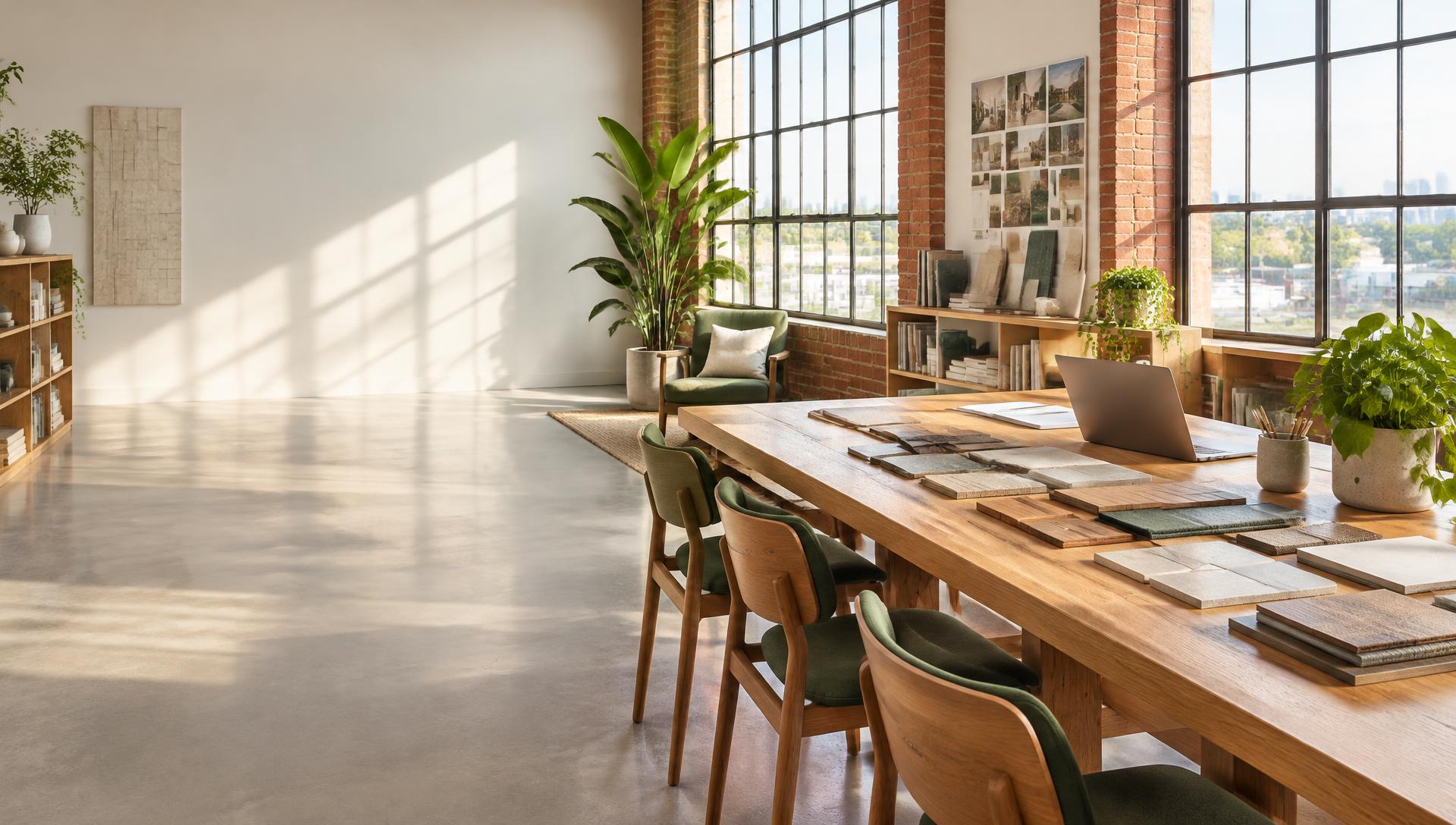 A sunlit small business studio with a worktable and material samples